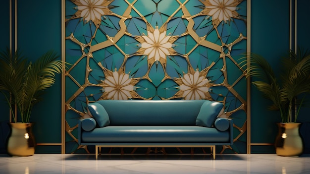 Blue sofa in modern living room with gold pattern