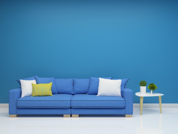 Blue sofa and wall table wood 3d render