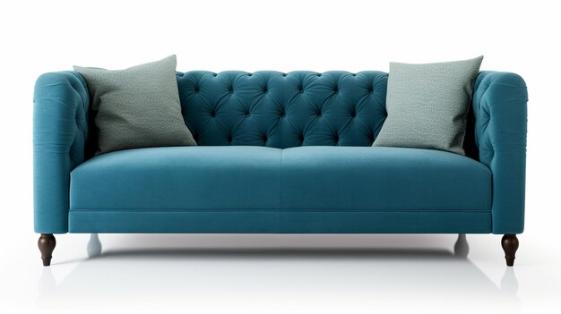 A blue sofa with a blue cushion and a white background.