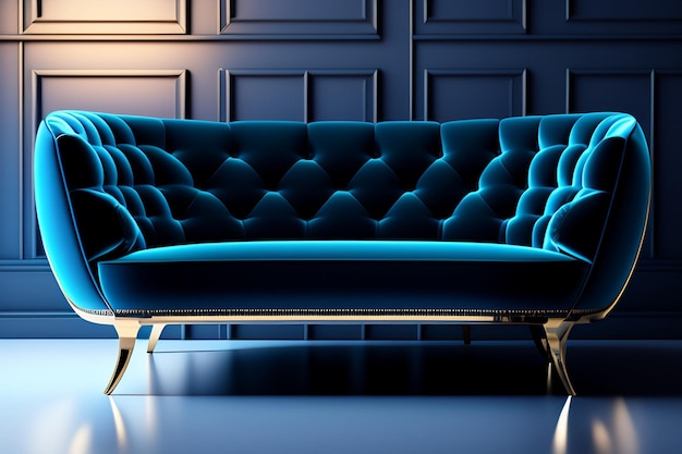 A blue sofa with gold legs and a gold base.