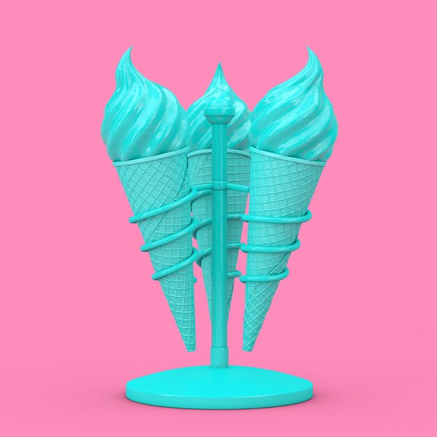 Photo blue soft serve ice cream in waffle crispy ice cream cones in holders as duotone style on a pink background. 3d rendering