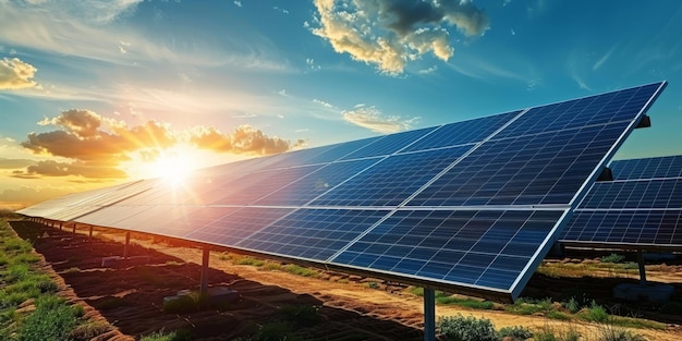 Blue solar panels against the backdrop of a bright orange sunset