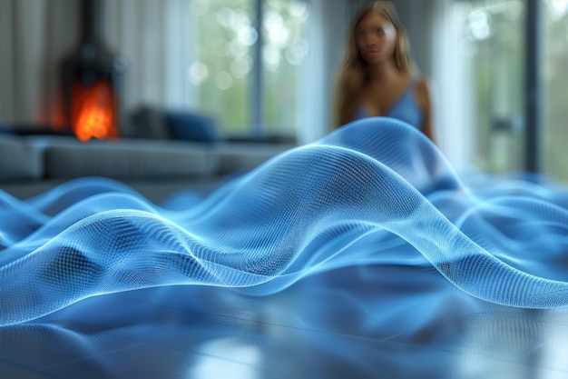 Photo blue sound waves and air flow in the living room with blurred home interior background