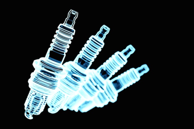 Blue spark plugs on black background 3d illustration Car Repair Parts