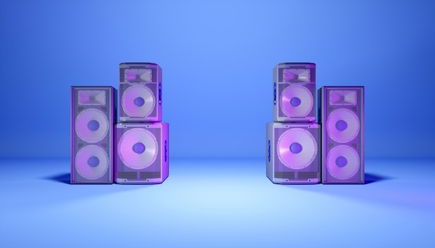 Blue speaker system on a blue background in purple lighting, 3d illustration