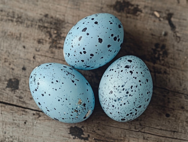 Photo blue speckled eggs on wooden table