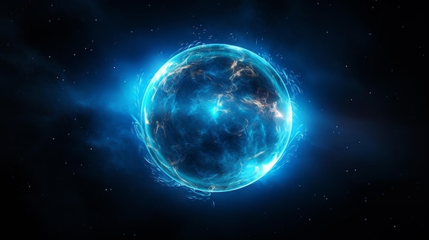 blue sphere glows in dark nebula atmosphere