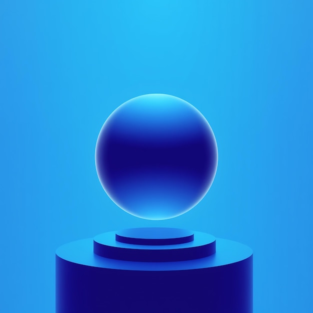 Blue sphere hovering above a blue cylindrical podium on a blue background