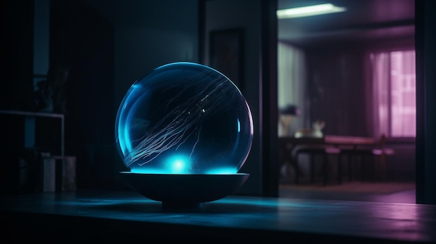 A blue sphere sits on a table in a dark room.