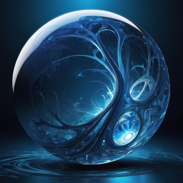 a blue sphere with a blue background with a blue surface and a blue water droplet