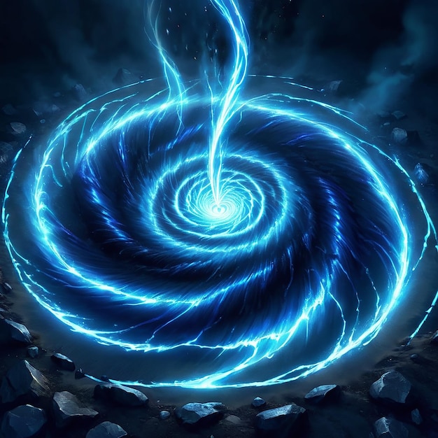 a blue spiral is surrounded by rocks and rocks