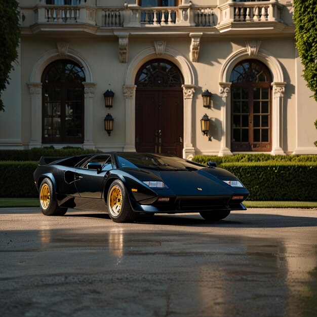 a blue sports car is parked in front of a building