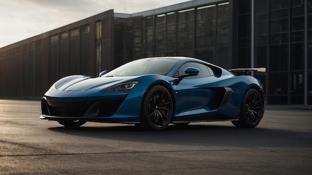 a blue sports car is parked on the street