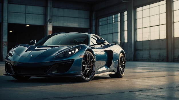 a blue sports car with a black roof and a white stripe