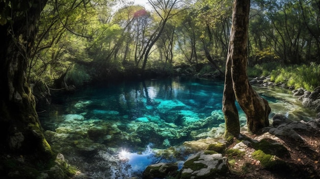 A blue spring lake in the forest with trees and a blue lake