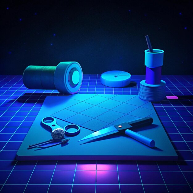 a blue square with a pair of scissors and a bottle of glue