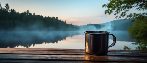 blue stainless steel cup with smoke on top near the lake