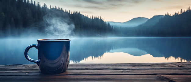 Blue Stainless Steel Cup with Smoke on Top Near the Lake