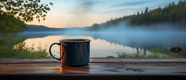 blue stainless steel cup with smoke on top near the lake