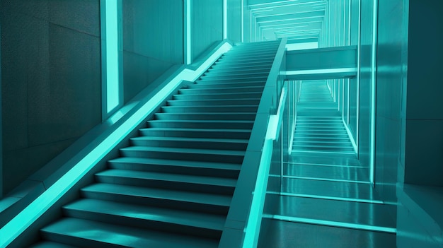 A blue staircase with a glass wall and the word escalator on it.