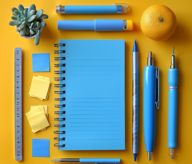 Photo blue stationery set with notepad pens and accessories on yellow background