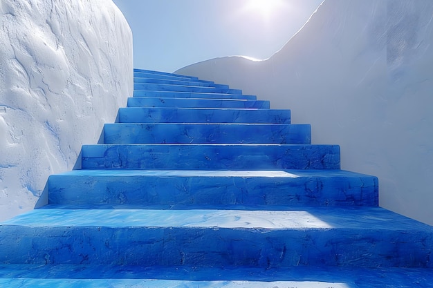 Blue Steps Leading up to Snow Covered Mountain