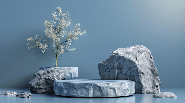 Blue stone podium with white leaf tree and rocks on blue background Natural stone