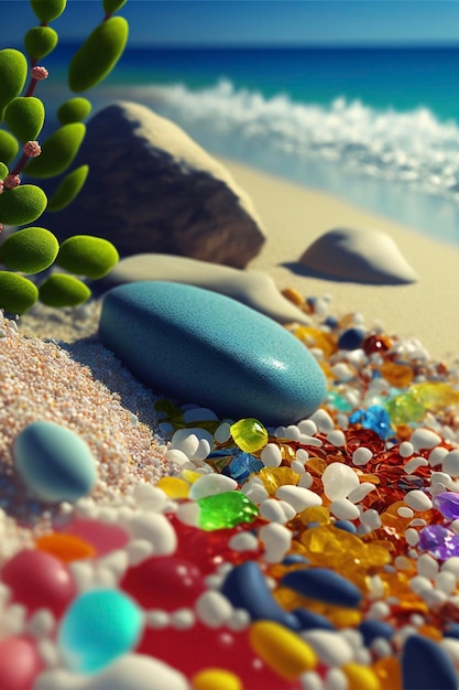 Blue stone sitting on top of a sandy beach generative ai