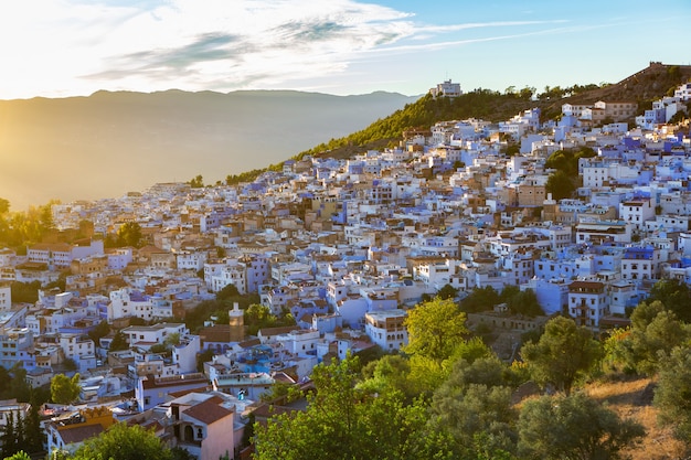 Blue street and houses in Chefchaouen Morocco