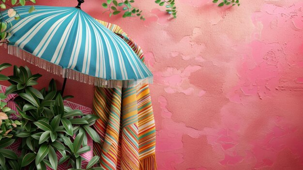 A blue striped beach umbrella provides shade next to vibrant plants creating a perfect spot for