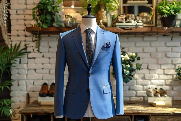 A blue suit jacket on an mannequin against white brick wall background