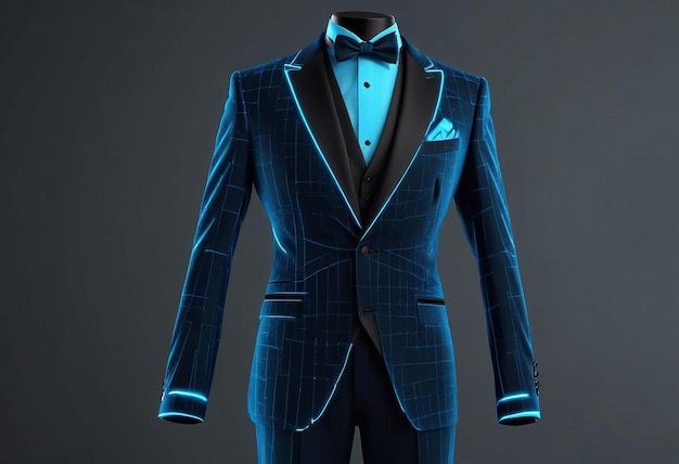 a blue suit with a bow tie and bow tie