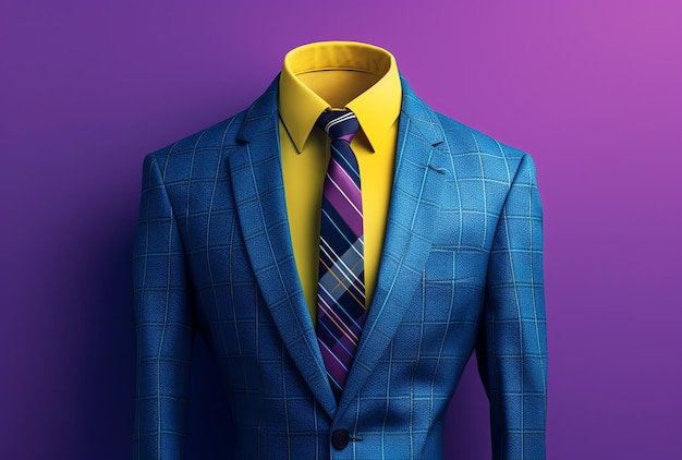 A blue suit with a yellow shirt and a tie