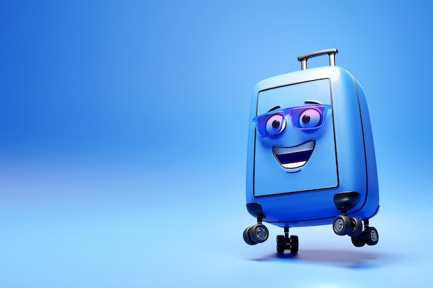 Blue suitcase or luggage in colorful glasses and cap on a blue background 3D rendering of the concept of summer holidays and holidays