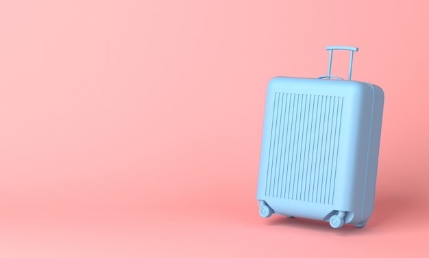 Blue suitcase on pink background with copy space. 3d rendering.