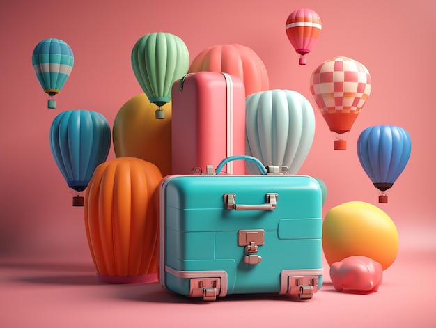 A blue suitcase sits among many balloons in a pink background.