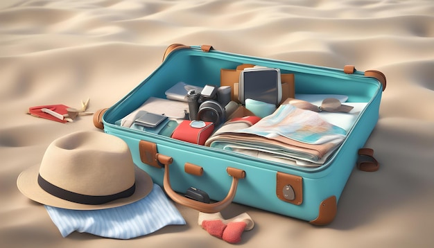 a blue suitcase with a hat and a hat on it