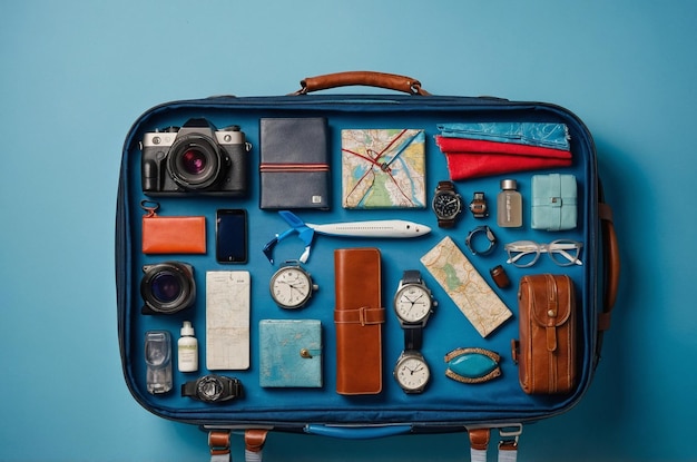 Photo a blue suitcase with a lot of things including a camera and a camera