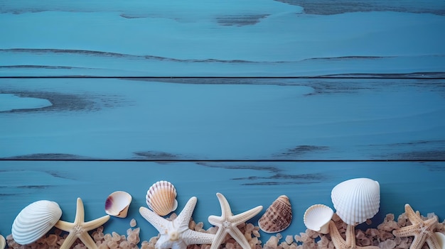 Blue summer background with shells Illustration AI GenerativexA