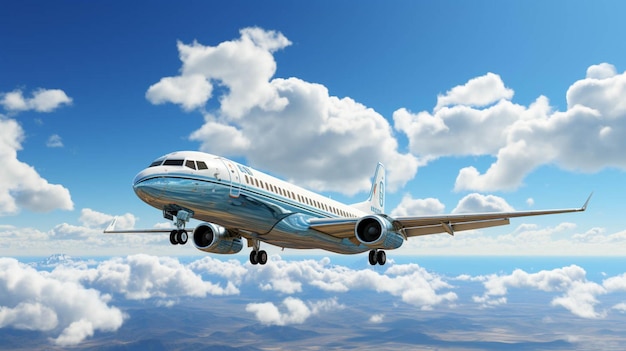 a blue sunny sky with white clouds and a plane in the foreground