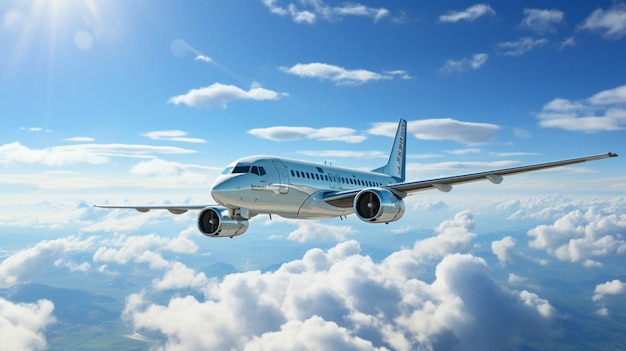 a blue sunny sky with white clouds and a plane in the foreground