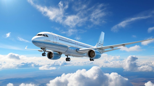 a blue sunny sky with white clouds and a plane in the foreground