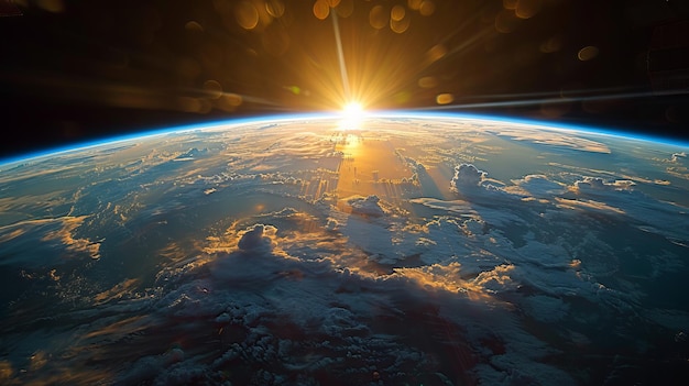 Photo blue sunrise view of earth from space