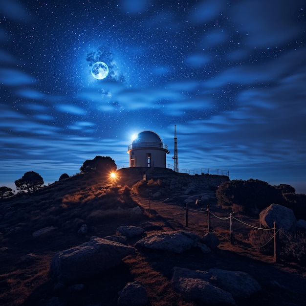 Blue supermoon Night Sky with Moon and Observatory on Mountain AI Generated