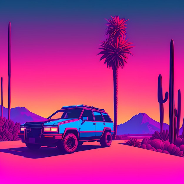 A blue suv parked in front of a cactus tree and a pink sky with a purple and blue background AI