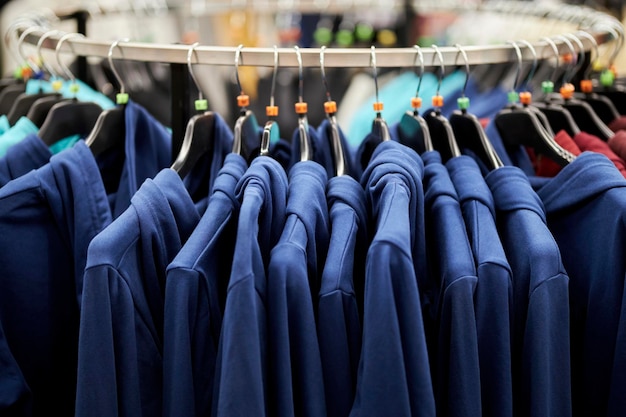 blue sweatshirts on hangers in the store. Blue sweatshirts on a hanger in a clothing store.