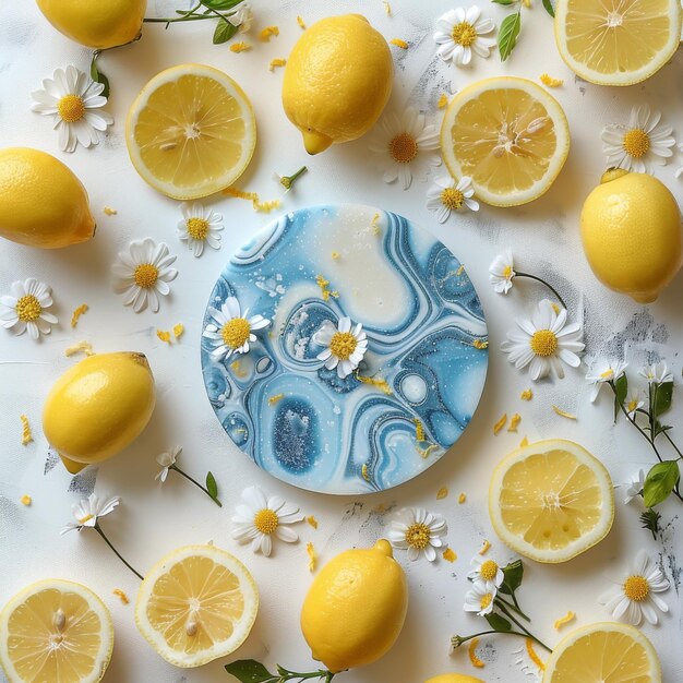 Photo blue swirl cake with lemon and daisies on a white background