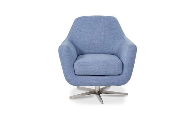 A blue swivel chair with a white background.