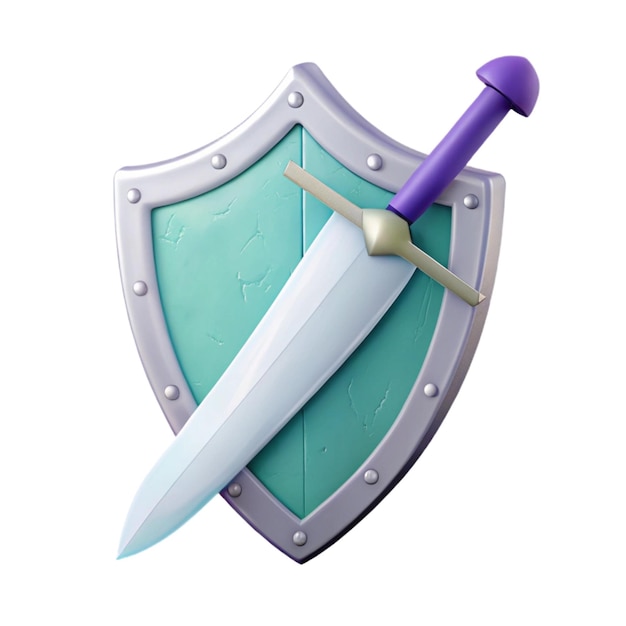 a blue sword with a blue handle and a green shield on it