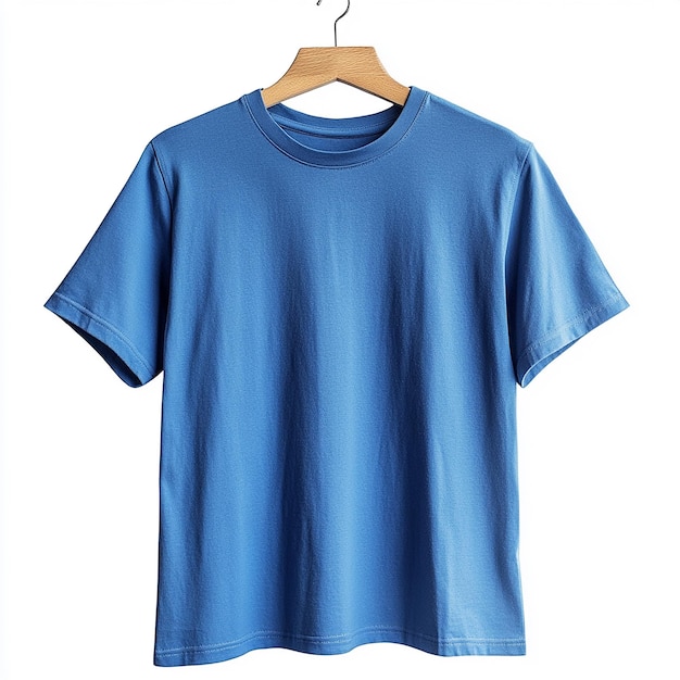 a blue t shirt hanging on a hanger with a white background